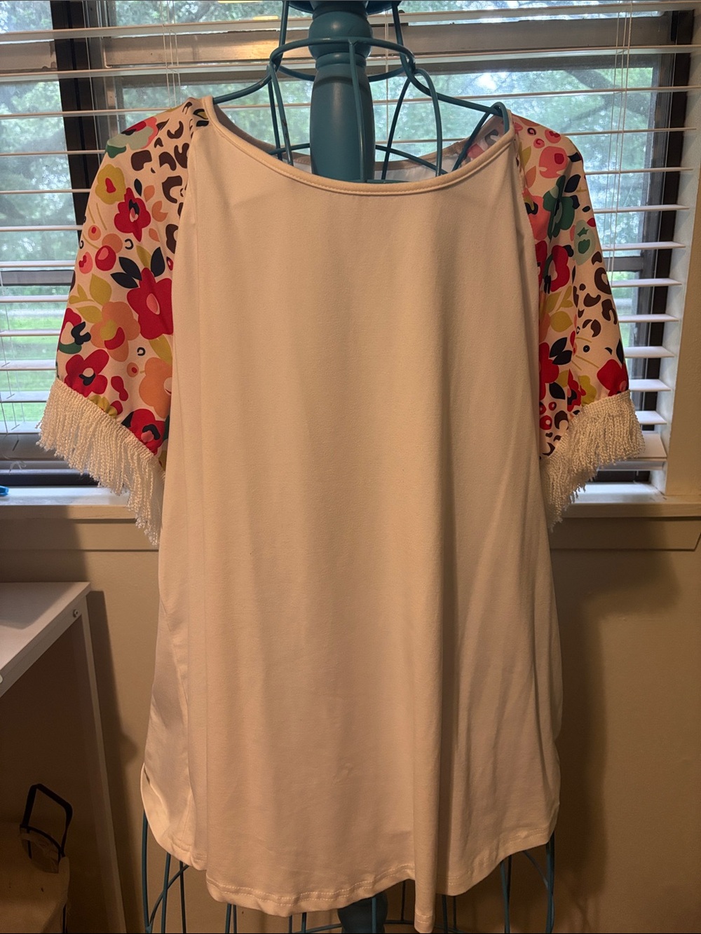 White Tunic Top with Colorful Floral Fringe Sleeves